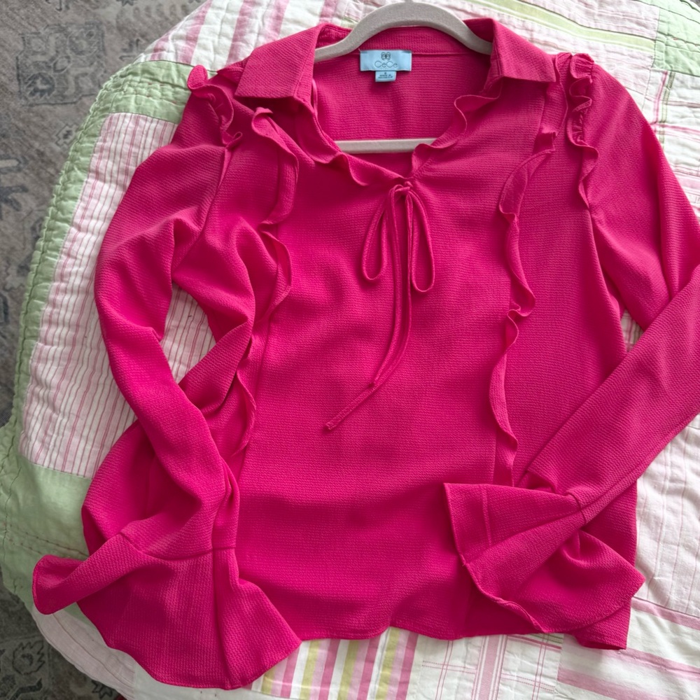 CeCe Fuchsia Ruffle Trim Top
